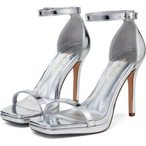 Women's Silver Synthetic Open Square Toe Ankle Strap Platform High Heel Sandals